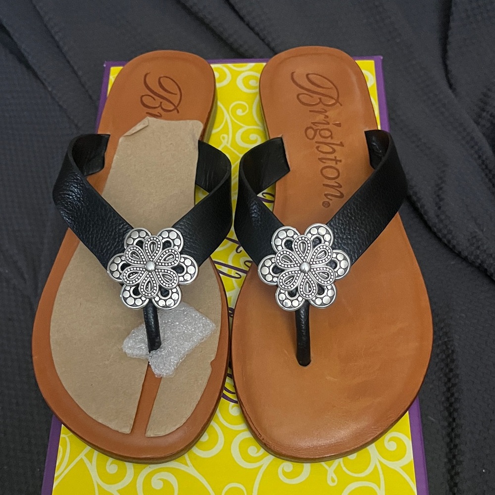 Brighton Black Sandals with Floral Silver Embellishments